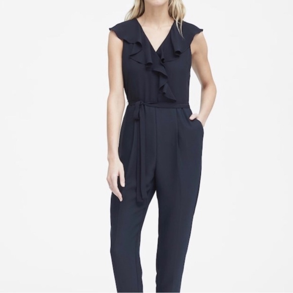 Banana Republic V Neck Ruffled Jumpsuit Navy Blue Size 12 - Picture 2 of 9